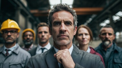 A group of six diverse professionals stands confidently in an industrial setting. They include a middle-aged Caucasian man in a suit, a Black man, a Hispanic man, and three women of various ethnicitie