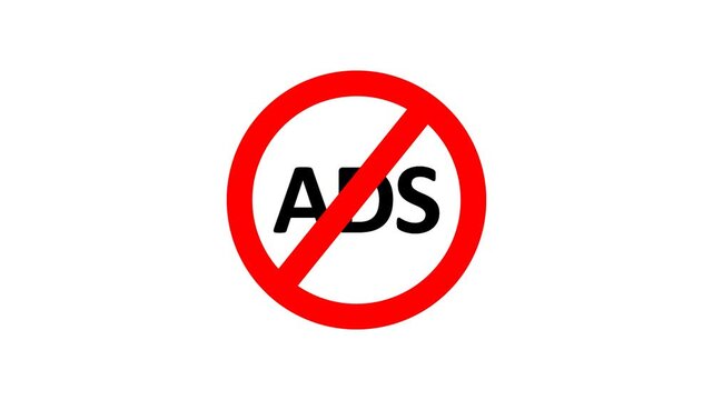 No Ads prohibition sign animation with red circle slash over black ADS text on white background, clean warning motion graphic
