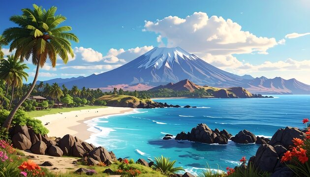 A pristine tropical beach scene with a clear blue ocean, sandy shore, lush green palm trees, and a majestic mountain range in the background