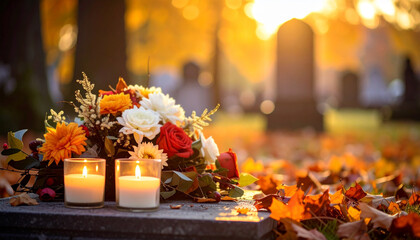Świece i kwiaty na grobie
