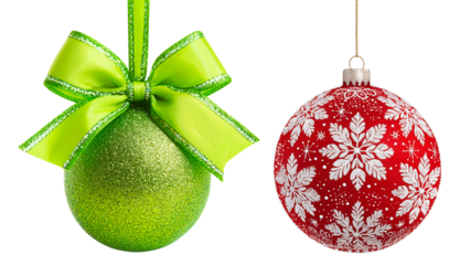 Red and green Christmas ornaments with ribbon and snowflake design isolated on transparent background