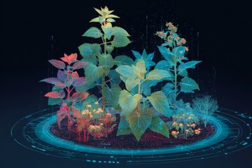 A vibrant display of digitally enhanced flora, showcasing leaves of multiple plants illuminated against a dark background, with a futuristic circular design.