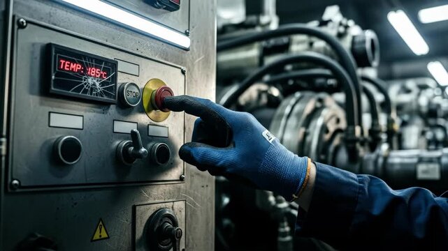 Man in blue glove presses red stop button on industrial control panel with cracked screen in factory video