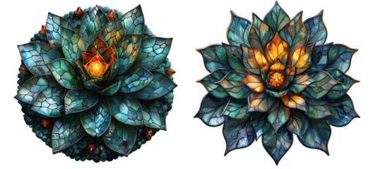 Two abstract, stylized, and colorful lotuslike flowers with glowing centers, isolated on transparent background
