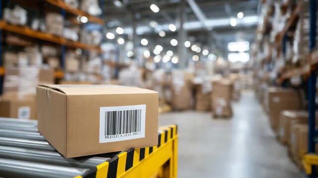 114Close-up on box edges with visible shipping tape and warehouse code, surrounding environment filled with uniform storage racks and orderliness