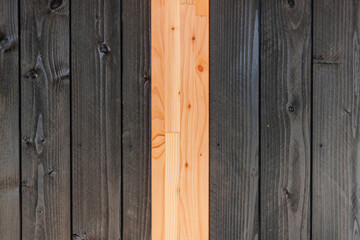 Vertical wood paneling with one light natural board standing out among dark charred planks. Rustic and textured surface, ideal for architectural or design use.