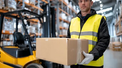117Box being lifted by warehouse worker in safety vest, close detail of edges and tape, forklifts and tall racks in industrial background - Powered by Adobe