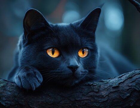 Close up Portrait of a Black Cat with Glowing Orange Eyes Resting on a Tree Branch in Twilight - Powered by Adobe