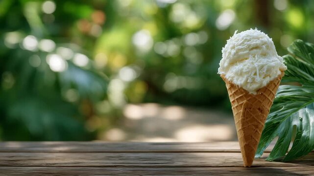 117Fresh coconut ice cream cone, soft sunlight casting shadows, tropical greenery bokeh in background, wooden surface adding rustic charm