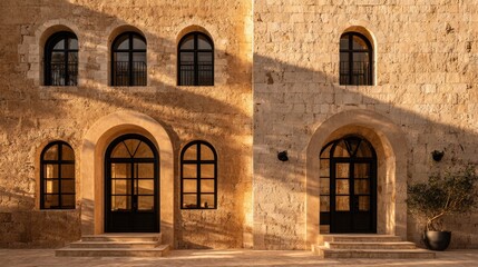Fototapeta premium Historic stone architecture with arched windows and evening sunlight shadows