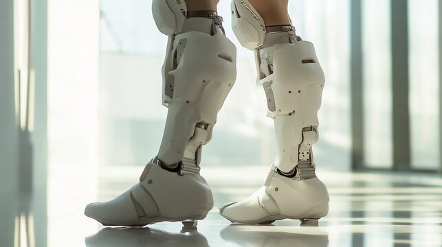 Person wearing advanced prosthetic legs with futuristic design