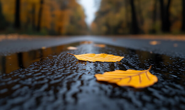 Autumn leaves gleam on a wet road, reflecting the muted colors of the surrounding forest in soft, blurry background. Fall's gentle touch on nature's palette.