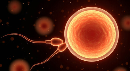 Sperm cell approaching an egg cell with a scientific concept of fertilization. Biology of reproduction for educational and medical design.
