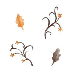 Hand painted watercolor Halloween leaves and branches. Autumn botanical design element for greeting card, invitation, or fall decor.