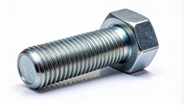 A metallic hex bolt with a partially threaded shaft and hexagonal head rests on a white surface