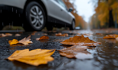 Rainy autumn day on the road with fallen leaves and a vehicle in the background, creating a seasonal and atmospheric scene.