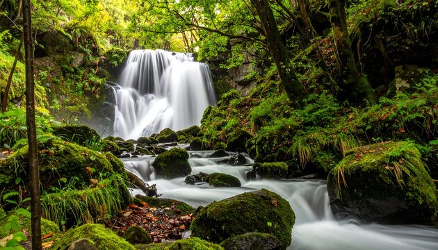 A serene waterfall cascades over rocks, surrounded by lush greenery and moss-covered stones in a verdant forest setting