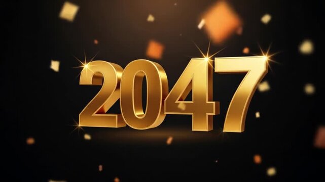 Golden 2047 New Year Celebration Countdown with Sparkling Confetti, Future Vision, Decade, Anniversary, Elegant, Dynamic, Vibrant, Countdown, Party, and Glitter