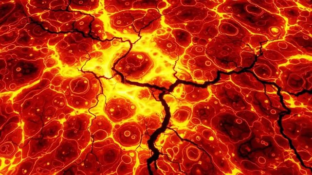 Molten lava flows in vibrant, fiery shades, creating a dynamic geothermal landscape perfect for science documentaries or intense background visuals