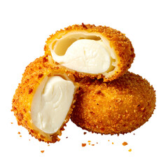 Close-up of breaded, deep-fried, round cheese balls, one cut in half