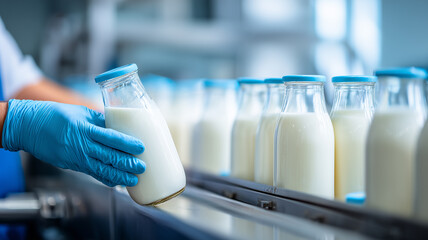 Gloved worker checking milk bottles on a production line, demonstrating food safety standards and automated quality assurance in modern dairy manufacturing.
