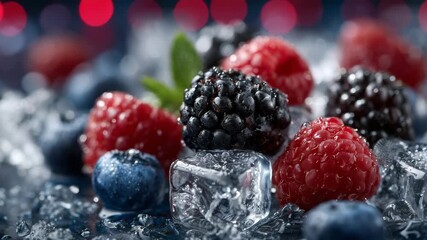 147Artistic arrangement of fresh raspberries, blueberries, blackberries, ice cubes, and glistening water droplets, highlighting textures and colors - Powered by Adobe