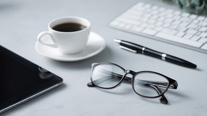 Reading glasses with coffee pen tablet and keyboard arranged on a tidy desk conveying focused productivity and mindful workflow for modern office life
