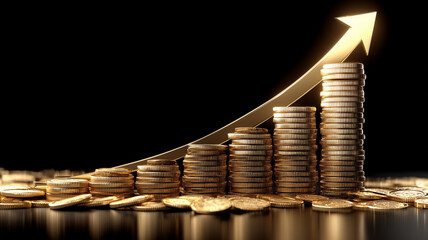 Stacks of coins rising under an arrow portraying investment profit wealth creation financial success and long term prosperity
