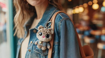 A stylish woman showcases a cute plushie keychain on her bag, blending collectible toy culture with modern street style fashion.