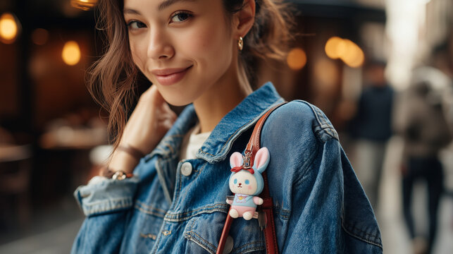 Capturing the street style trend of using collectible plush keychains to express individuality and add a playful element to fashion.