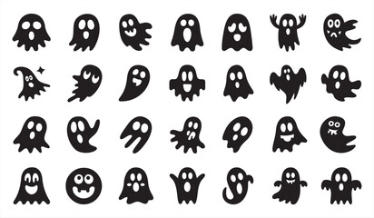 Fototapeta premium Black ghost icons with different shapes, faces, and poses on a white background, cartoonish collection, Halloween design