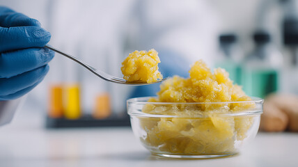 A laboratory technician holds a spoonful sample over a glass bowl illustrating food research texture analysis and quality control within a controlled scientific workflow.
