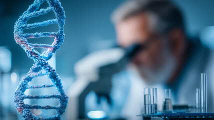 A double helix model rises beside a focused researcher indicating active genetic research biotechnology advances and the enduring quest to decode the foundations of life.
