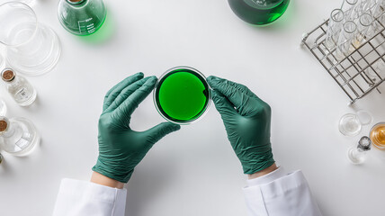 A scientist holds a petri dish containing cultured medium suggesting bioengineering innovation laboratory safety and carefully controlled experimental discovery.
