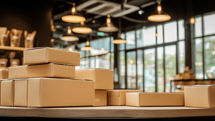 Stacked shipping boxes in a retail shop demonstrate inventory preparation packaging logistics and the organized flow of goods from stockroom to customer.
