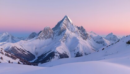 Fototapeta premium Snow-covered mountain peak during sunset in winter landscape 