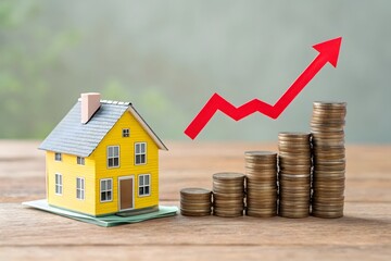 Yellow house model on cash with rising coin stacks and red arrow graph