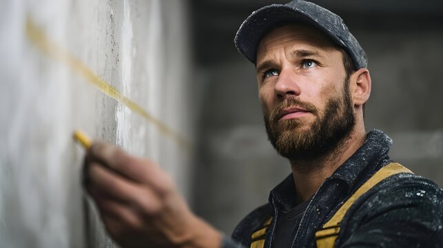 A builder intently measures a rough wall surface with a yellow tape measure focused on precision