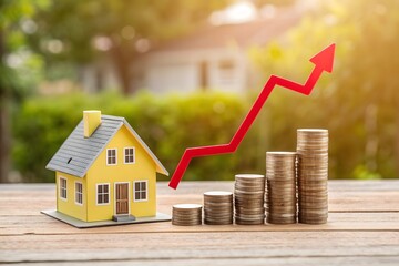 Yellow house model with rising coin stacks and red arrow graph outdoors