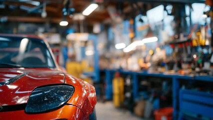 198Macro perspective of bent fender and broken red sports car parts, reflecting fluorescent workshop lights, repair tools in soft focus behind
