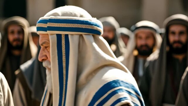 Man pharisee in blue and white turban among other men, biblical times, historical period. Religious ancient people. Footage.