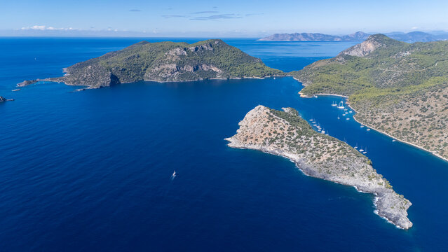 Aerial View of Gemile Island and Bay in Fethiye, Turkey