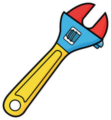 Colorful cartoon adjustable wrench with blue head and yellow handle on white background