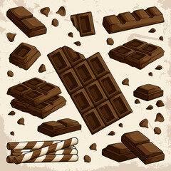 Hand-Drawn Chocolate Bars and Pieces Collection Vector, Sweet Cocoa Dessert Illustration with Chocolate Chunks and Sticks for Packaging, Menu, and Recipes