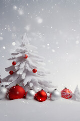 Red Christmas balls in a row with white trees covered with snow and snowfall on abstract background in winter.