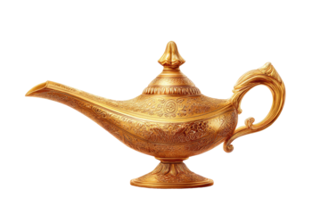 Golden, ornate magic lamp.  Detailed, detailed design.  Classic, fantastical