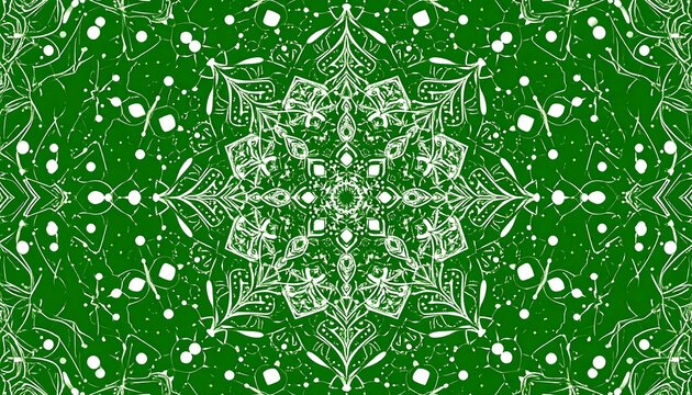 A symmetrical floral design in white outlines a green background. Splattered, round white accents complete the festive design