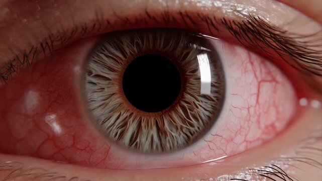 A macro close-up of a bloodshot human eye, showing an irritated red sclera and detailed brown iris texture. The pupil is dark.