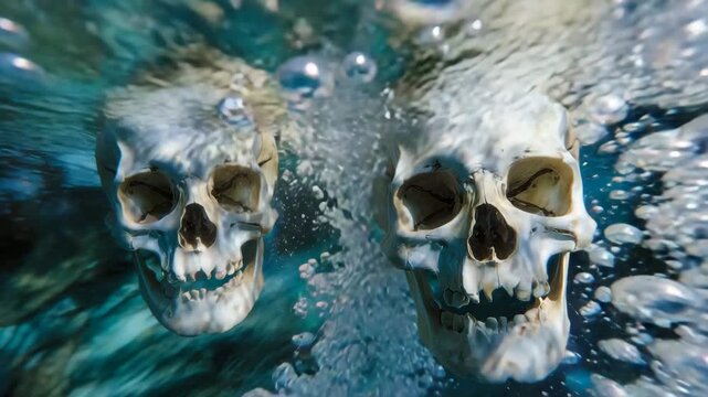 213Two ancient skulls side by side, submerged in turquoise water, shafts of sunlight illuminating bone surfaces, bubbles creating dynamic underwater motion
