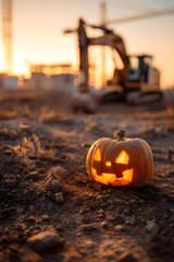 A glowing Halloween pumpkin sits on dusty sand at a construction site during sunset—blending festive warmth with gritty industrial textures.